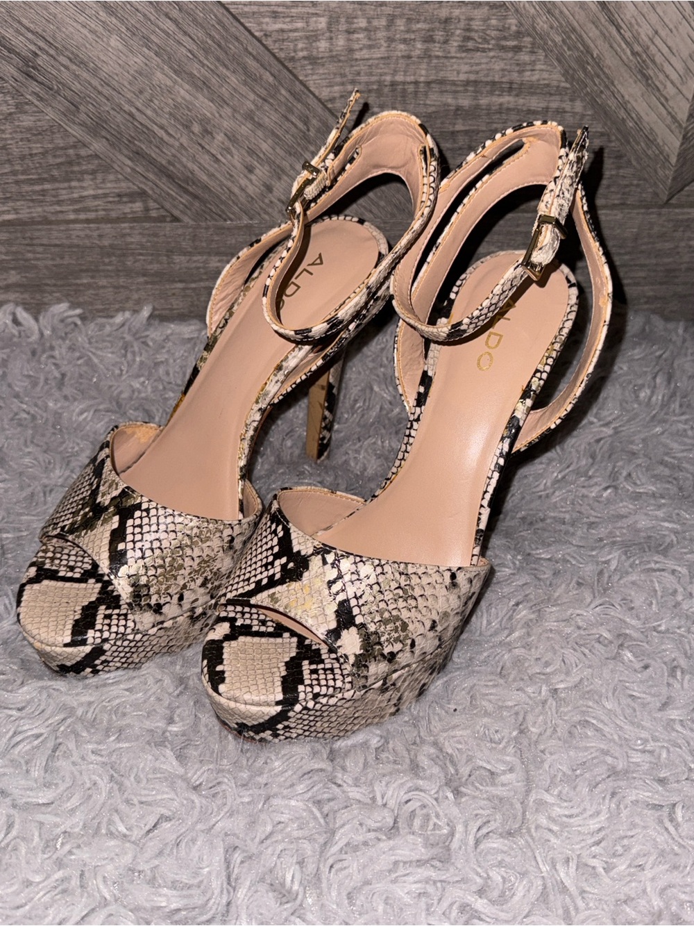 Aldo Beige and Black Snakeskin Platform Heels